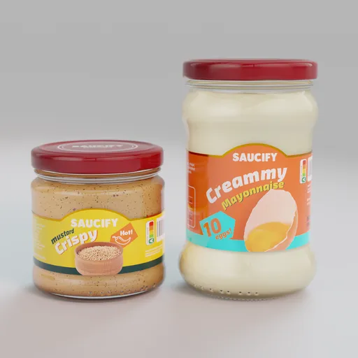 Highly detailed Blender 3D model of mayonnaise and mustard jars with realistic textures and labels.