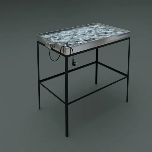 Detailed 3D rendering of a metallic industrial-style lunchbox on a stand, compatible with Blender for kitchen scenes.