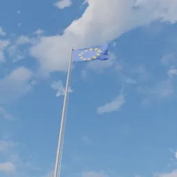 Detailed EU flag 3D model on a flagpole, artistically textured for Blender rendering and simulation.