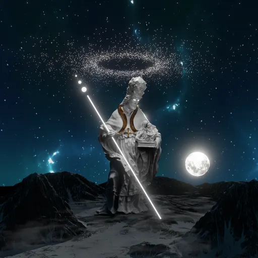 3D fantasy sci-fi scene with a retopologized sculpture above Alps-like mountains, moonlit halo particles, and HDRi sky.