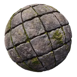 High-quality 4K mossy stone tile texture for PBR shading in 3D renderings, created in Substance Sampler and rendered with Blender's Cycles engine.
