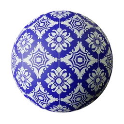 Blue and white patterned ceramic PBR material for 3D floor textures in 2K, high-res 4K available.