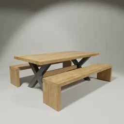 Realistic Blender 3D model showcasing a wooden dining set with benches and metal frame, ideal for interior design renderings.