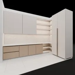 Detailed 3D model of a modern laundry room with cabinets and shelves, compatible with Blender.