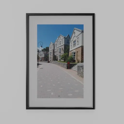 Detailed low-poly 3D framed town picture model, suitable for Blender with clean geometry and realistic textures.