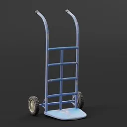 Highly detailed Blender 3D model of a blue hand truck, weathered texture, realistic rendering compatible with Cycles and Eevee.