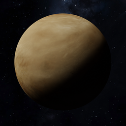 "Realistically shaded 3D model of Venus in Blender 3D. Close up view of the planet partially covered with dust, with a star in the background and a very dense atmosphere."