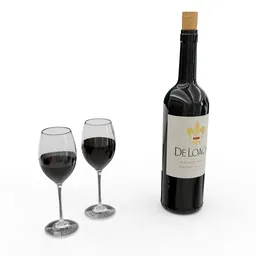 Realistic Blender 3D rendering of a wine bottle with two full glasses, perfect for virtual bar or dining scenes.