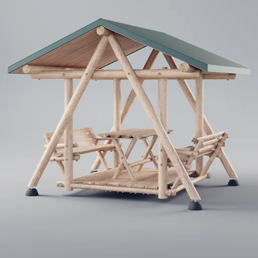 Detailed wooden gazebo 3D model with benches, table, and intricate support beams, ideal for Blender exterior renderings.