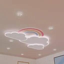 3D ceiling light model featuring a rainbow with clouds and stars design, tailored for kids' room interiors in Blender.