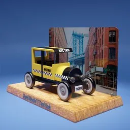 "Ford Model T Taxi Cab" 3D model rendered in photorealistic quality on a wooden stand with a detailed New York City background. Experience the style of mid-century on-time taxi rides through the graphic templates, old-style yellow awning, and decorative frame. This BlenderKit 3D model features three-dimensional shadowing, making it an excellent addition to any collection or project.