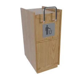 "Blender 3D model of a wooden trash can with a sign, perfect for adding details to your scenes. The Store Trash model features realistic 3D characters and supports sustainability, with a wooden texture adding to its authenticity."