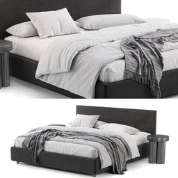 Realistic 3D model of a modern black bed with pillows and a grey throw blanket, UV mapped and rendered in Blender Cycles.