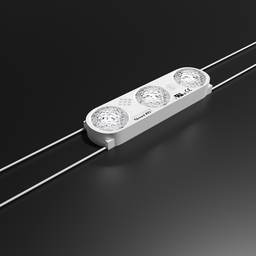 "LED module for industrial and exterior use - perfect for creating realistic mock-ups with Blender 3D. Features rail tracks, transistors, and pendants on a black surface with highly reflective white light. Top-down lighting and soft focus for a professional render."