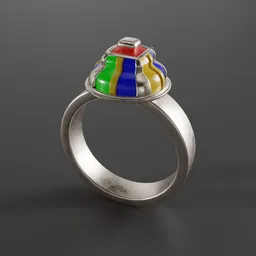 3D modeled silver ring with multicolored gemstone designed in Blender, ideal for realistic jewelry rendering.