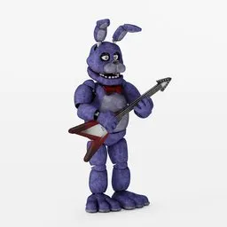 "Bonnie, a delightful animatronic monster creature 3D model for Blender 3D, featuring a robot with an animal mask and a guitar in hand. With its violet skin and life-like features, Bonnie is a member of the Endless and is sure to frightfully charm any viewer. Created with Blender 3D software by Electrixbunny, this model is watermark-free and perfect for any project."