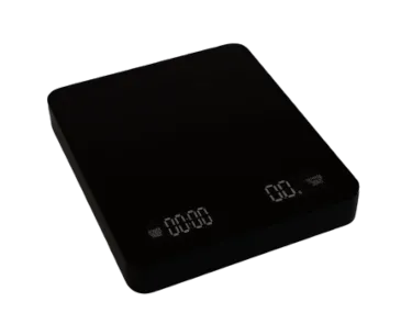 Detailed 3D rendering of a sleek digital coffee scale with integrated timer for baristas.