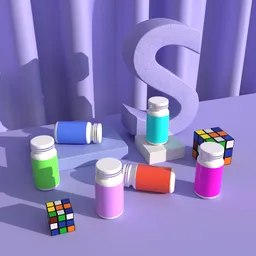 3D-rendered pharmaceutical bottles with colorful labels adjacent to Rubik's cubes on a purple backdrop.