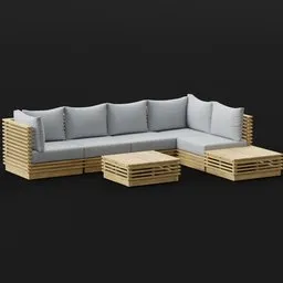 Wooden Slatted L-Shaped Patio Sofa Set