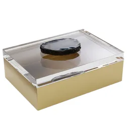 Realistic 3D model of a translucent storage box with gold base and agate stone, compatible with Blender.