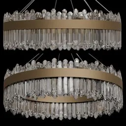 Detailed 3D model of a tiered, crystal round chandelier for Blender rendering, showing separate parts and textures.