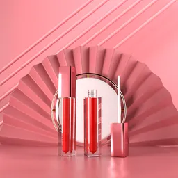 Elegant 3D lipstick presentation scene with luxurious pink background and geometric accents for product visualization.