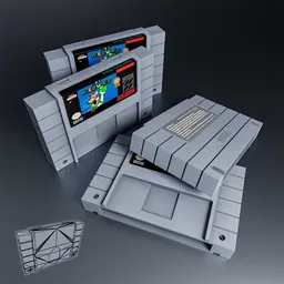 "High-quality 3D lowpoly model of a Super Nintendo cartridge, perfect for use in Blender 3D. Includes 4k textures and utilizes only one UV set. Rendered with Keyshot and designed with complex architecture."