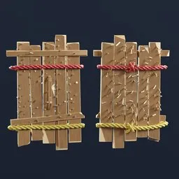 "Wood Shield 3D model for historical military games in Blender 3D, featuring two wooden boards with rope and a wooden door, and long metal spikes. Includes damaged structures, wall wood fortress, wooden decoration, fences, and teepee, inspired by Mattise. High resolution and perfect for game design."