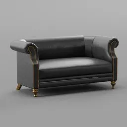 Elegant black leather 3D sofa model with golden accents suitable for interior design renderings in Blender.