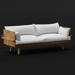 "Wooden Sofa in Blender 3D: A detailed couch with pillows on a black background, inspired by François Clouet and designed in a Swedish style. Made of wood, this 3D model adds a touch of elegance to any scene."