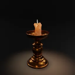 "Animated candlestick 3D model for Blender 3D featuring a realistic bronze design with a lit candle flame. Rendered with Redshift and textured with smooth hessian cloth and opaque glass. Perfect for adding a touch of classic elegance to your art projects."