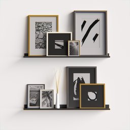 "Shelf with art pictures and decoration plant 3D model for Blender 3D. Features highly defined pictures by Robert Mapplethorpe and Bernd Fasching, inspired by Tommaso Dolabella, with dust and particles creating a unique and realistic atmosphere."