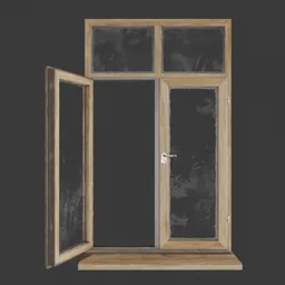 Realistic wooden window 3D model with open pane, designed for architectural rendering in Blender software.