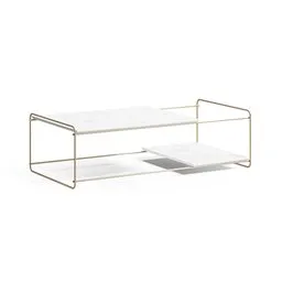 "ABV Design de Móveis Mônaco Center Table: A white coffee table with a gold frame, rendered in Blender 3D. Its minimalistic design features precise lines, with a metal lid atop a solid object in a void. Perfect for your interior design needs."