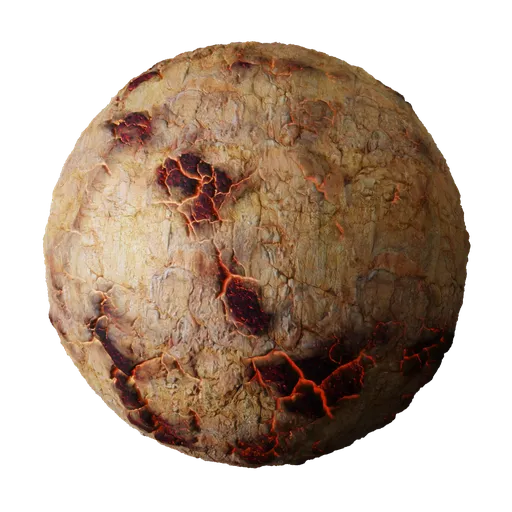 Realistic 2K PBR Lava Stone material, volcanic texture with detailed displacement for 3D modeling in Blender.