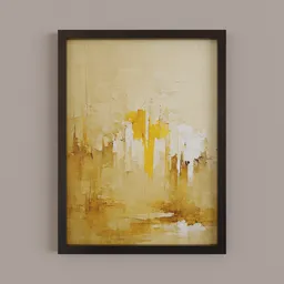 "Golden and white abstract painting in a black frame on a wall, inspired by John Blanche and Mehrangarh Fort, designed in Blender 3D."