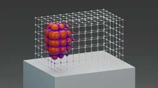 Detailed 3D procedural animation scene with vibrant spheres and grid structure using Blender Cycles.