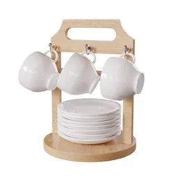 "Three white ceramic coffee cups and a saucer displayed on a wooden holder - a 3D model for Blender 3D."