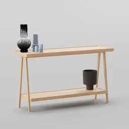 "Console POLA, a realistic 3D model for Blender 3D by Tikamoon. This bedroom furniture features a wooden table with a vase and alchemical objects on the side. With a black background and centered design, this installation view showcases the artistry and craftsmanship of the Korean artist."
