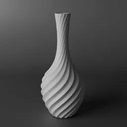 "Monochrome 3D model of white decorative vase on table, rendered with smooth light from upper left. B3D format with light displacement, untextured, and curvilinear design. Perfect for Blender 3D projects in drawing category."