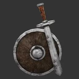 Battle-scarred round shield with iron rim and sword, high-quality Blender 3D model.