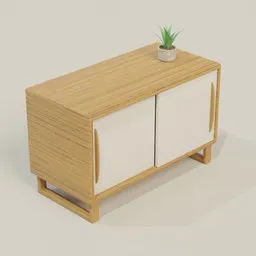 Realistic wooden sideboard 3D model with white doors and plant decor for Blender rendering.