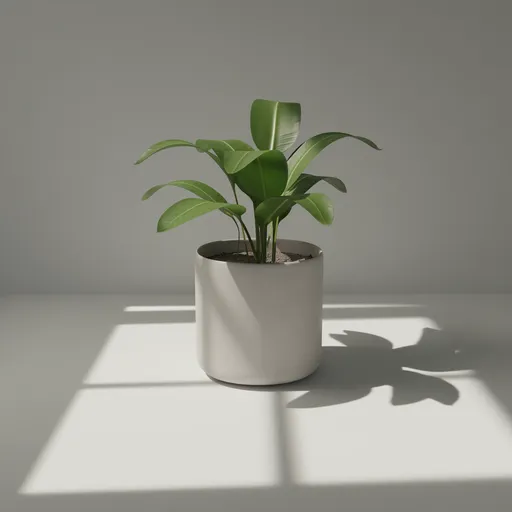 Realistic 3D model of green indoor plant in a simple pot, rendered in Blender, with natural shadows.