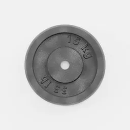 Detailed 3D model rendering of a 15kg weight plate, optimized for Blender, showcasing realistic textures and shadows.