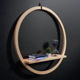 "Barrel Hoop Ring Shelf: Circle Wooden Shelf with Books and Hourglass". This 3D model in Blender 3D features a wooden shelf designed in a torus ring shape, complete with books and an hourglass. The sleek lines and steel archways create a unique and powerful look.