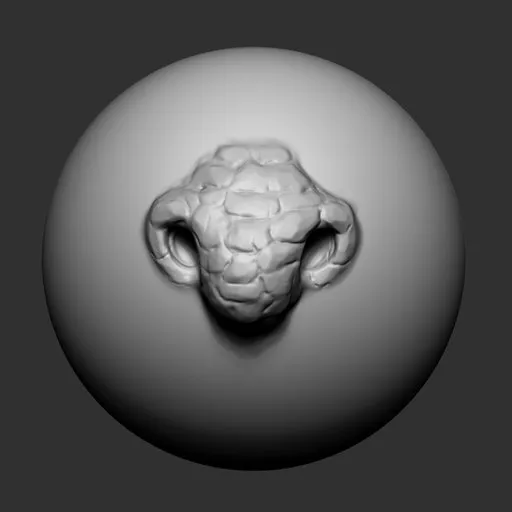 Detailed 3D sculpting brush imprint of a creature's nose for character modeling in Blender.