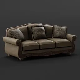 Detailed 3D Blender model of a classic-style sofa with cushions and wood accents.