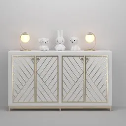 Sleek 3D-rendered white sideboard with gold stripes and decorative objects, perfect for Blender interior design projects.
