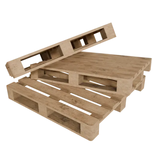 High-resolution 3D Blender model of stacked wooden pallets, detailed textures, rendering asset.