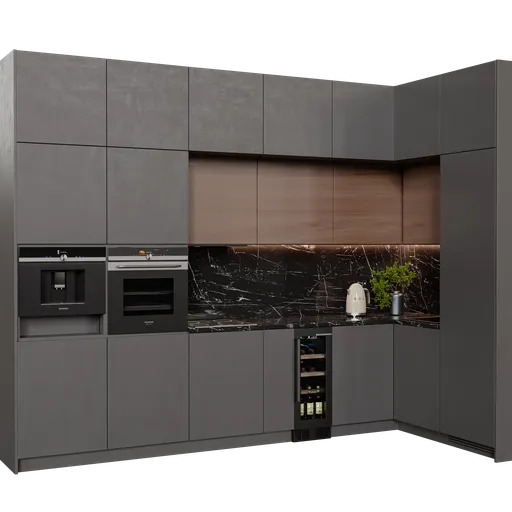 Modern 3D kitchen model with appliances, crafted in Blender, featuring high-detail textures and realistic lighting.